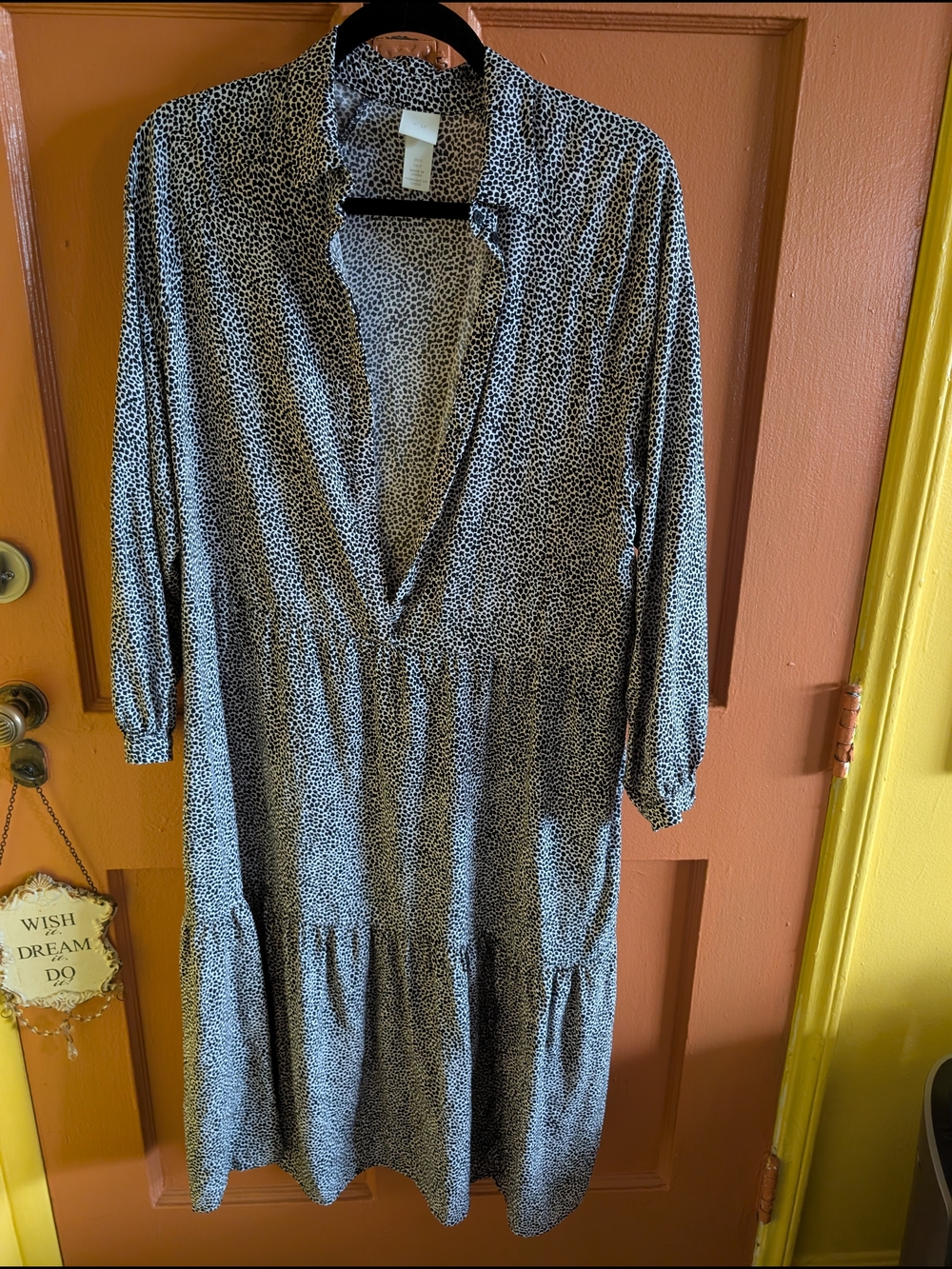 H&M Black and White Microdot Buttoned Down Tiered Long Sleeve Dress
